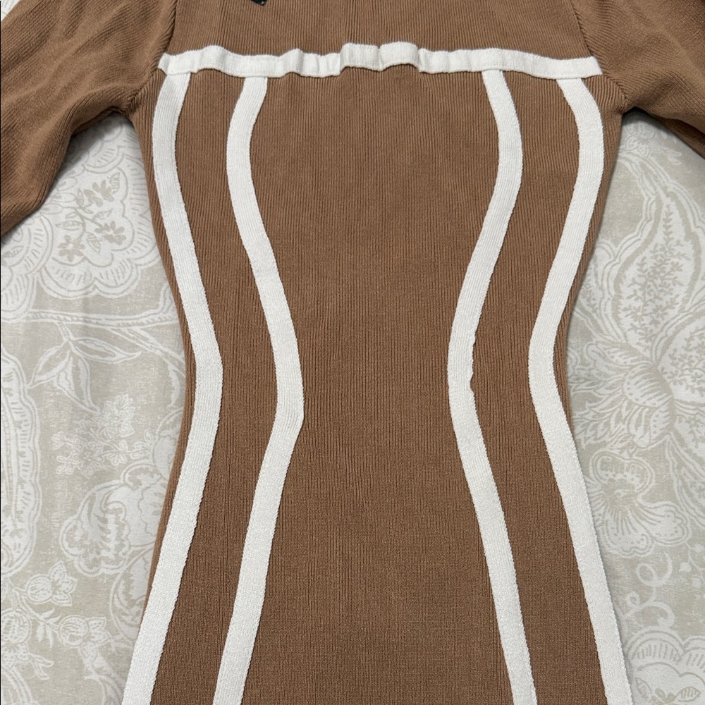 Fashion Nova Long Sleeve Tan and White Dress - Picture 2 of 6